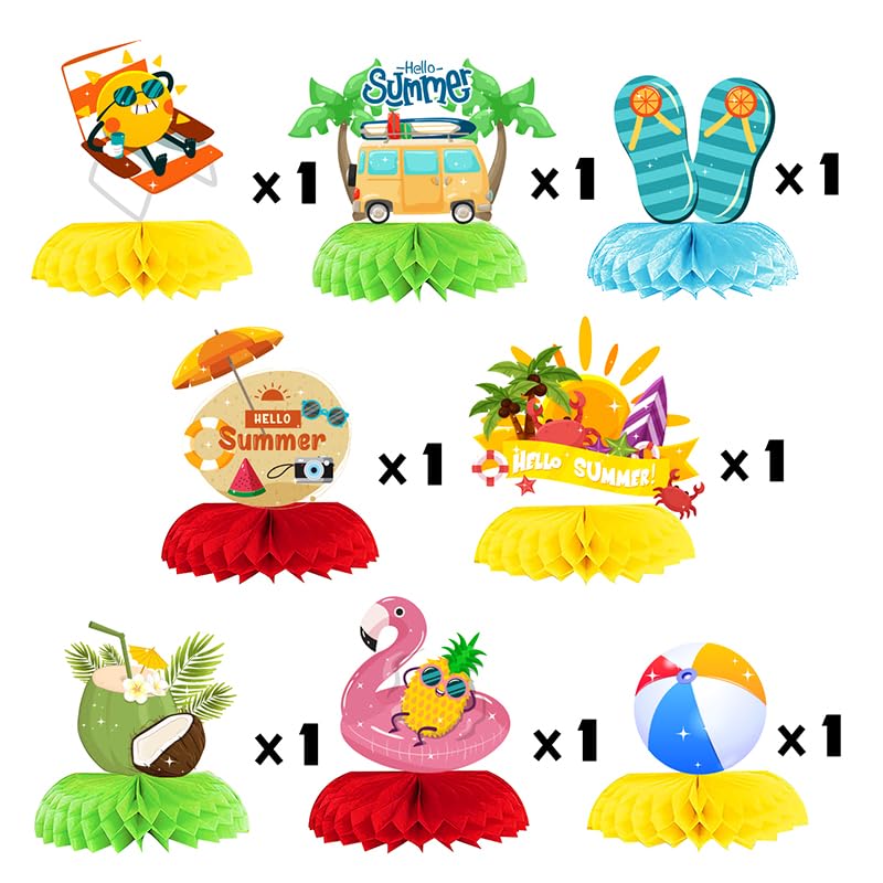 Centrotavola hawaiano a nido d'ape, 8 pezzi, decorazione da tavolo per feste estive, decorazione da tavolo per Aloha Summer Pool Beach Birthday Home Hawaiian Party, palme, noci di cocco, fenicotteri