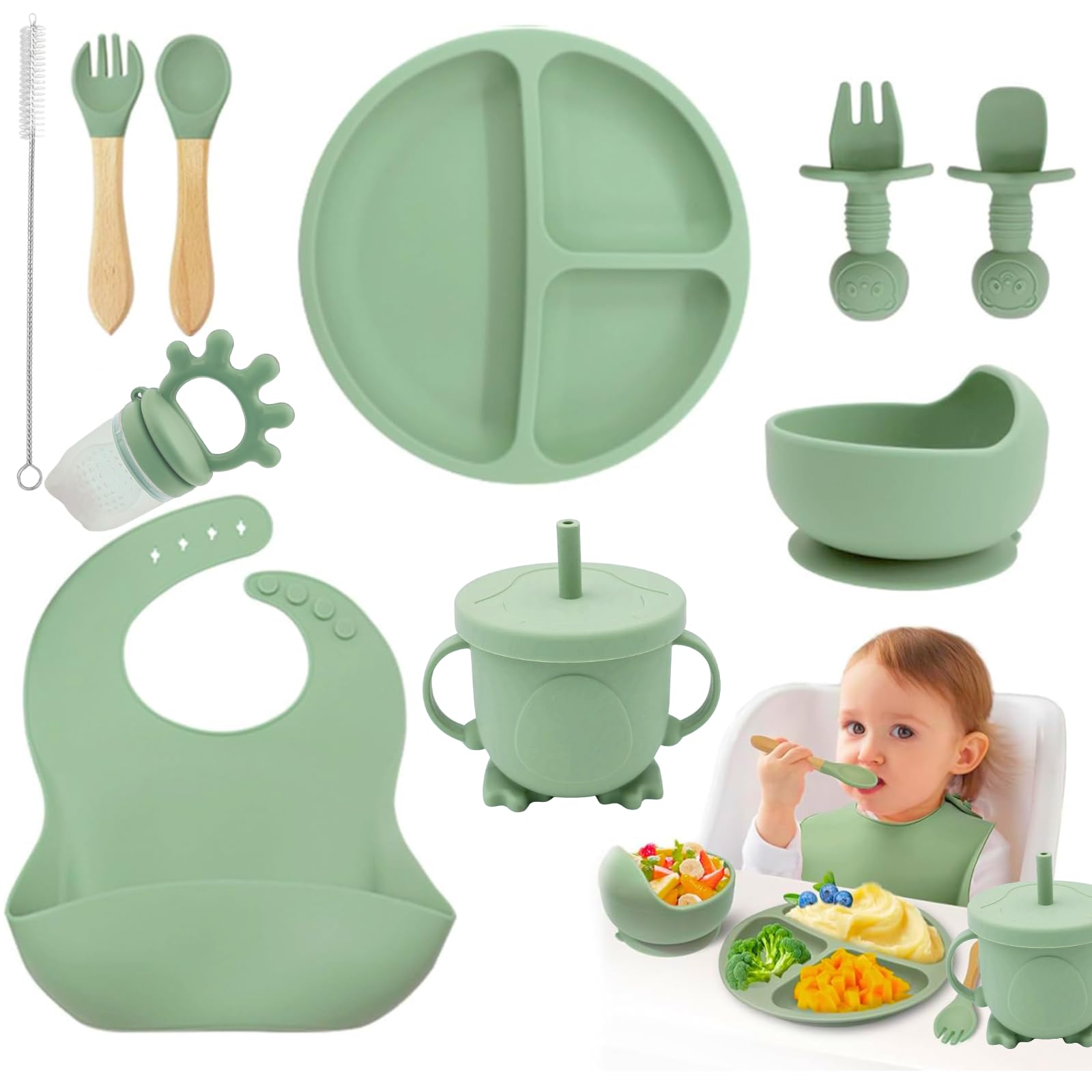 NTL Global Baby Weaning Set (10 Pcs), Silicone Baby Feeding Set including Adjustable Bib & Divided Fruit Plate, Fruit Feeder