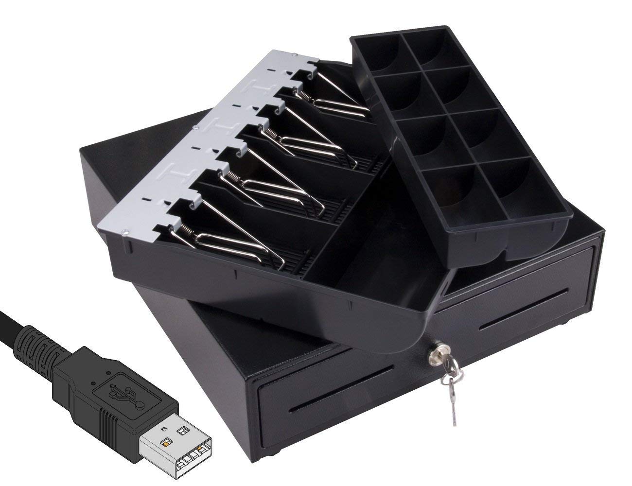 BLITZKASSE USB Kassenschublade iQCash330USB 330x345x100 mm, Geldlade mit 8 Münzfächern, 4 Scheinfächern, USB-Anschluss, Metallgehäuse, Schwarz, Kassenschublade Geldlade Geldkassette