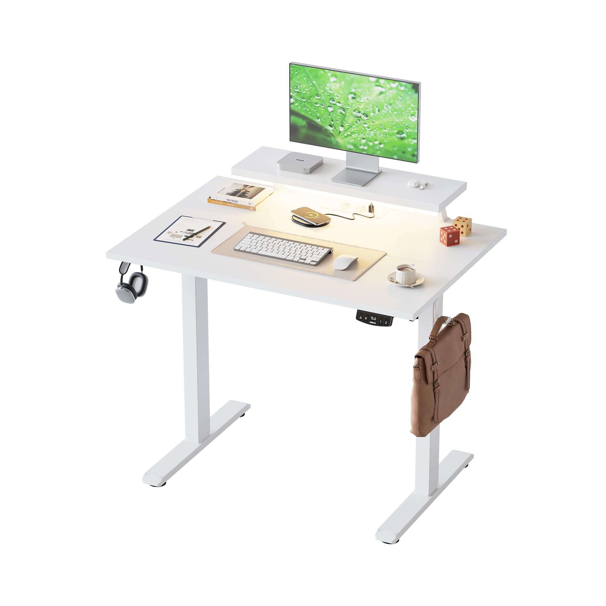Klicelor Height Adjustable desk with LED Lights and Power Outlets, 100x60cm, movable monitor stand for Game and Home Office, Standing desk with 2-piece tabletop, white