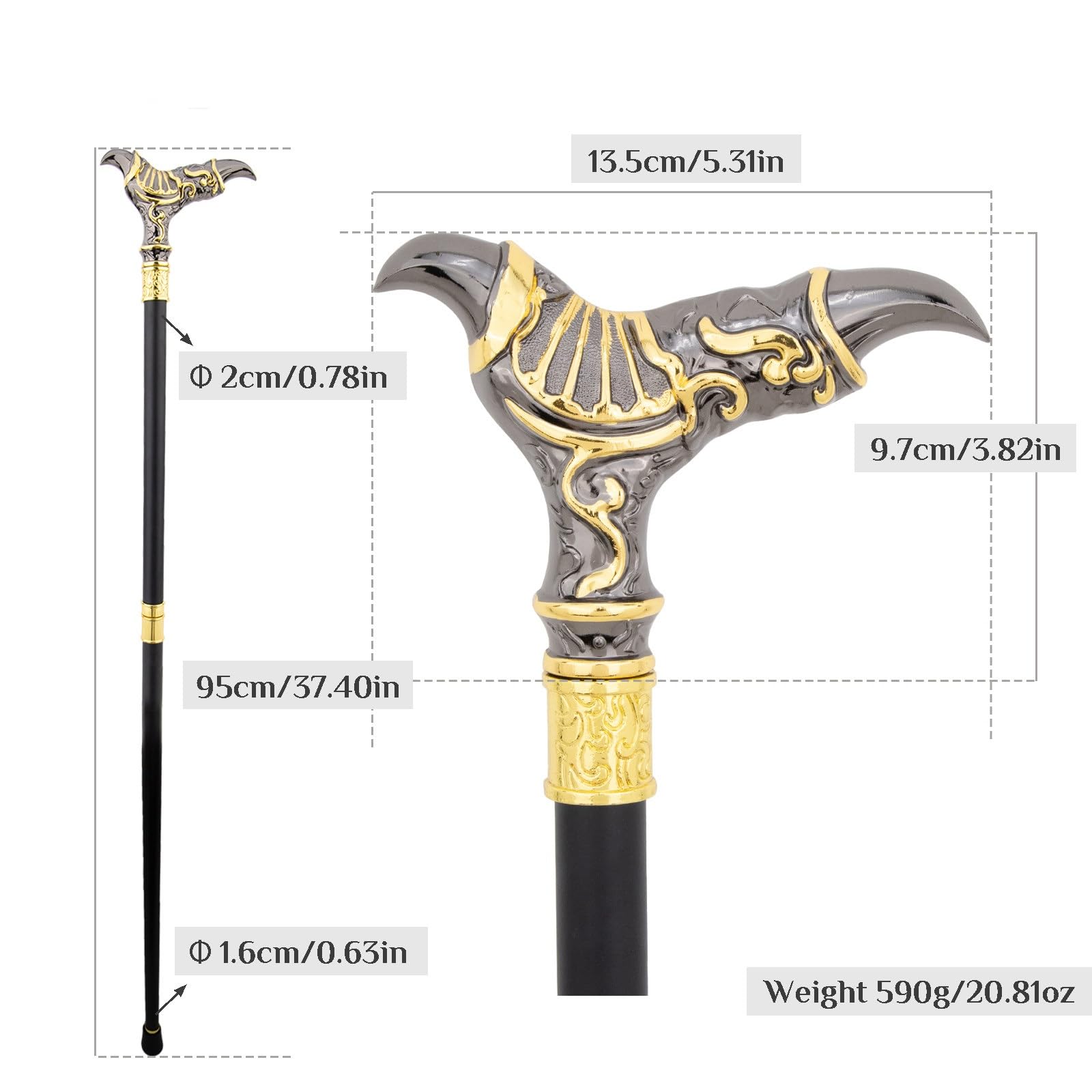 Bastón de Lujo Golden Threadbird para Hombre y Mujer, Cetro Antideslizante Extraíble, para Cosplay Fiestas Vintage 95 Cm(Black)