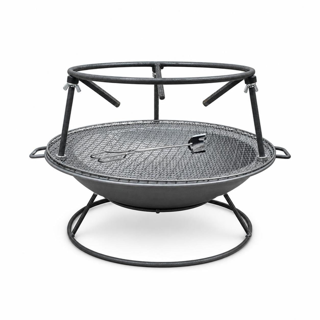 Braciere da Esterno Portatile in Metallo per Giardino e Campeggio, Ciotola per Fuoco e Carbone, Bacinella secondaria + supporto per pentola + pinza per carbone a rete rotonda, Diametro 51cm