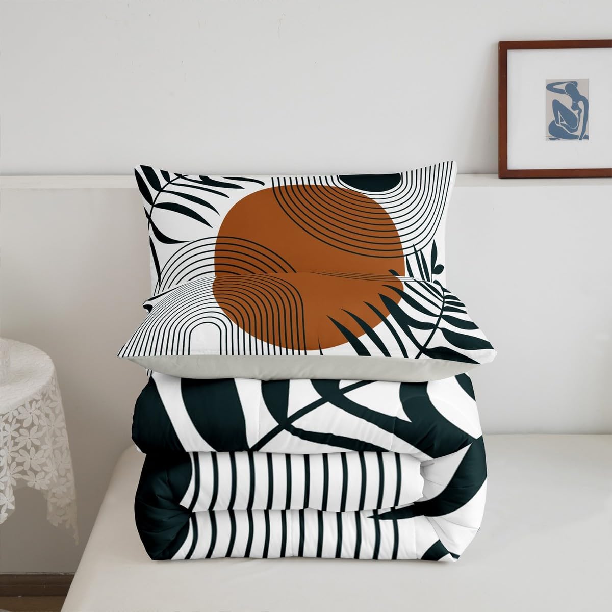 Abstract Modern Kids Comforter Queen,Boho Minimalist Mid Century Sun Aesthetic Bedding Set for Teens Youth Woman,Geometric Lines Circle Reversible Quilt Sets,Orange White Green Quilt Set,3Pcs