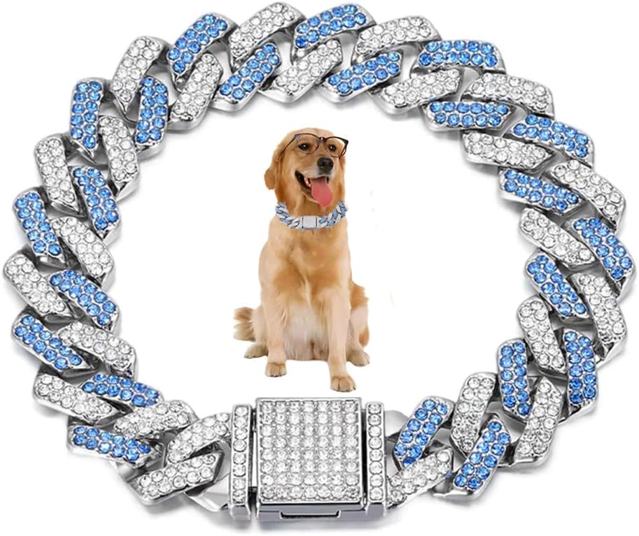 Blue Dog Chain Necklace, Dog Chain Collars Diamond Rhinestone 14mm (14inch)