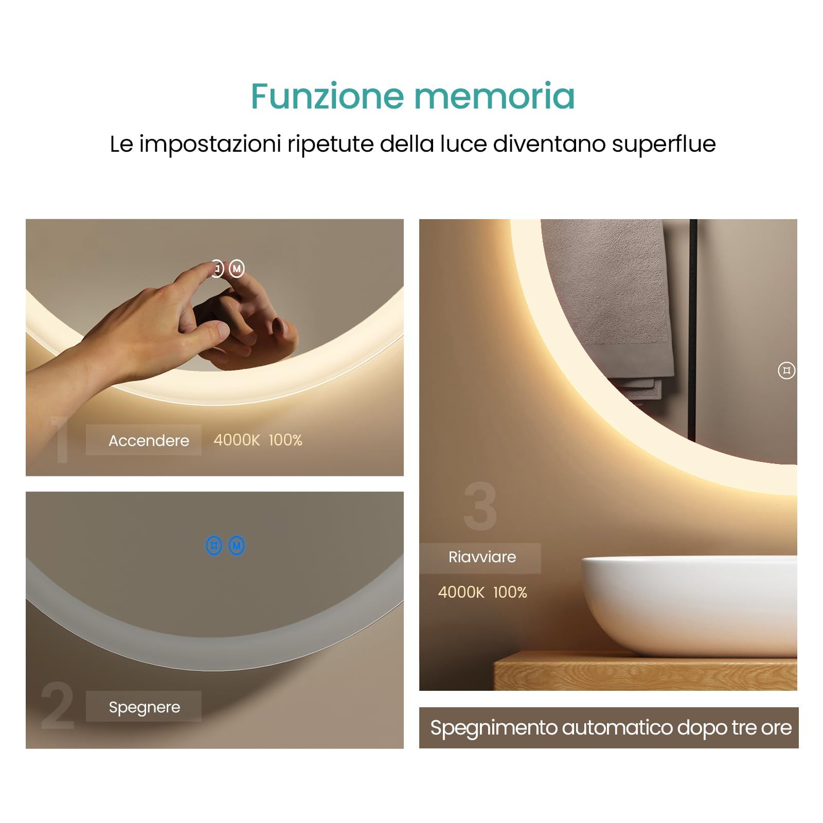 EMKE Specchio da bagno Rotondo 60x60 cm – Anti-Appannamento, Specchio bagno con luce con 3 tonalità di colore, luminosità regolabile, memoria, spegnimento automatico dopo 3 h, specchio LED