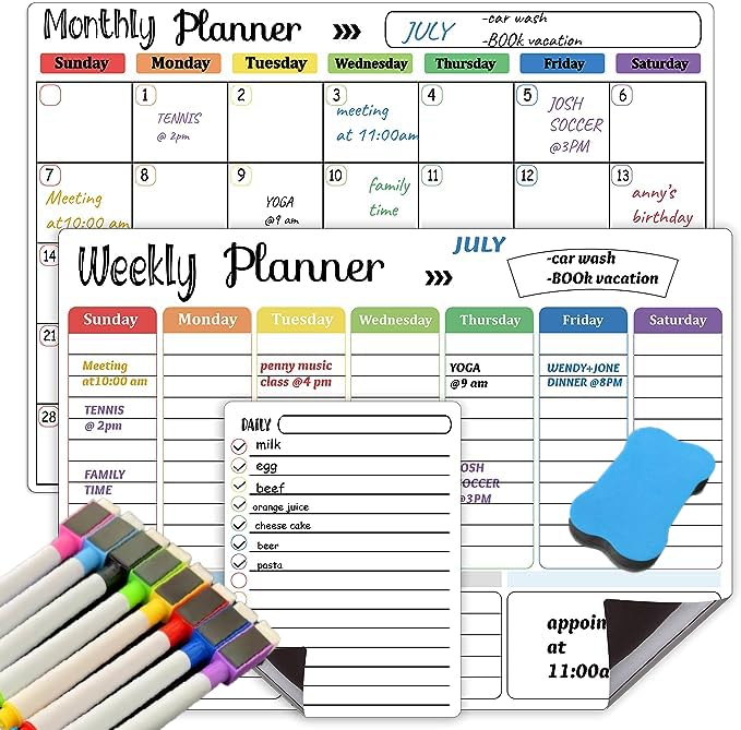 F&D Solutions Ltd | Monthly, Weekly and Daily Planner | Dry Erase Calendar Kit | Strong Magnetic Calendar | 8 Colourful Dry Wipe whiteboard pens with Magnetic Eraser