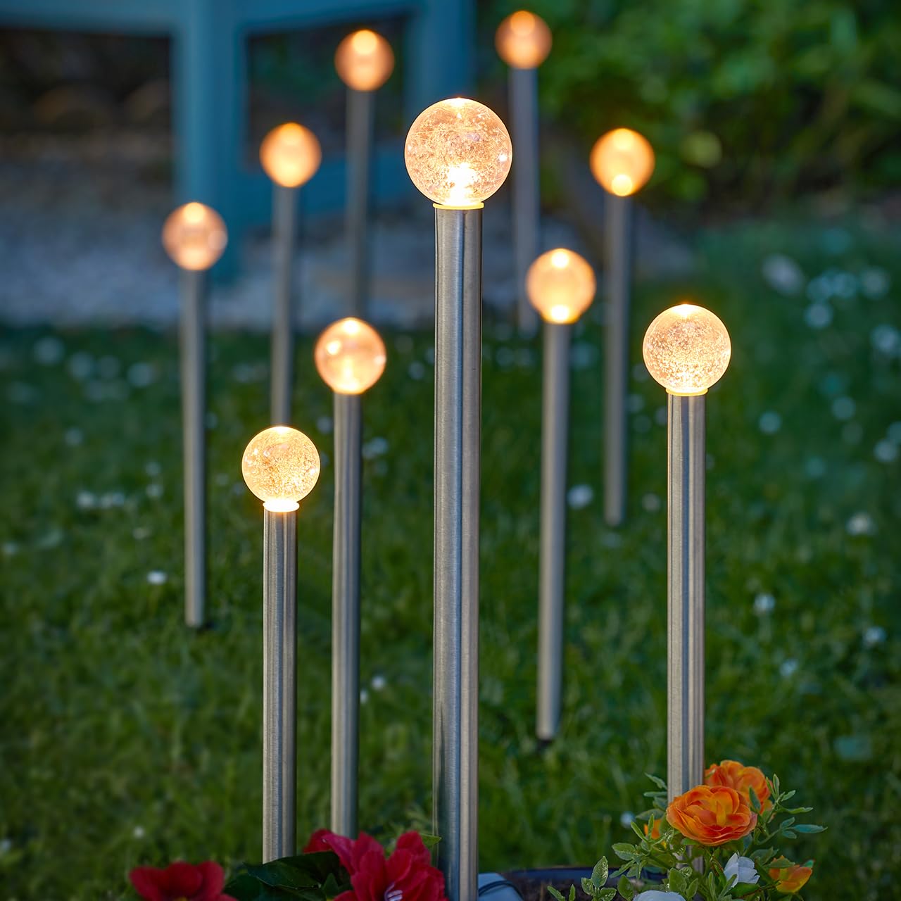Mysmartbuy.com Silver Set Of 10 Solar Powered Glow Ball Stake Lights - Weather Resistant Outdoor Garden Warm White Led Lighting For Lawn, Patio, Decking, Pathway, Border, Balcony, Yard – H44cm