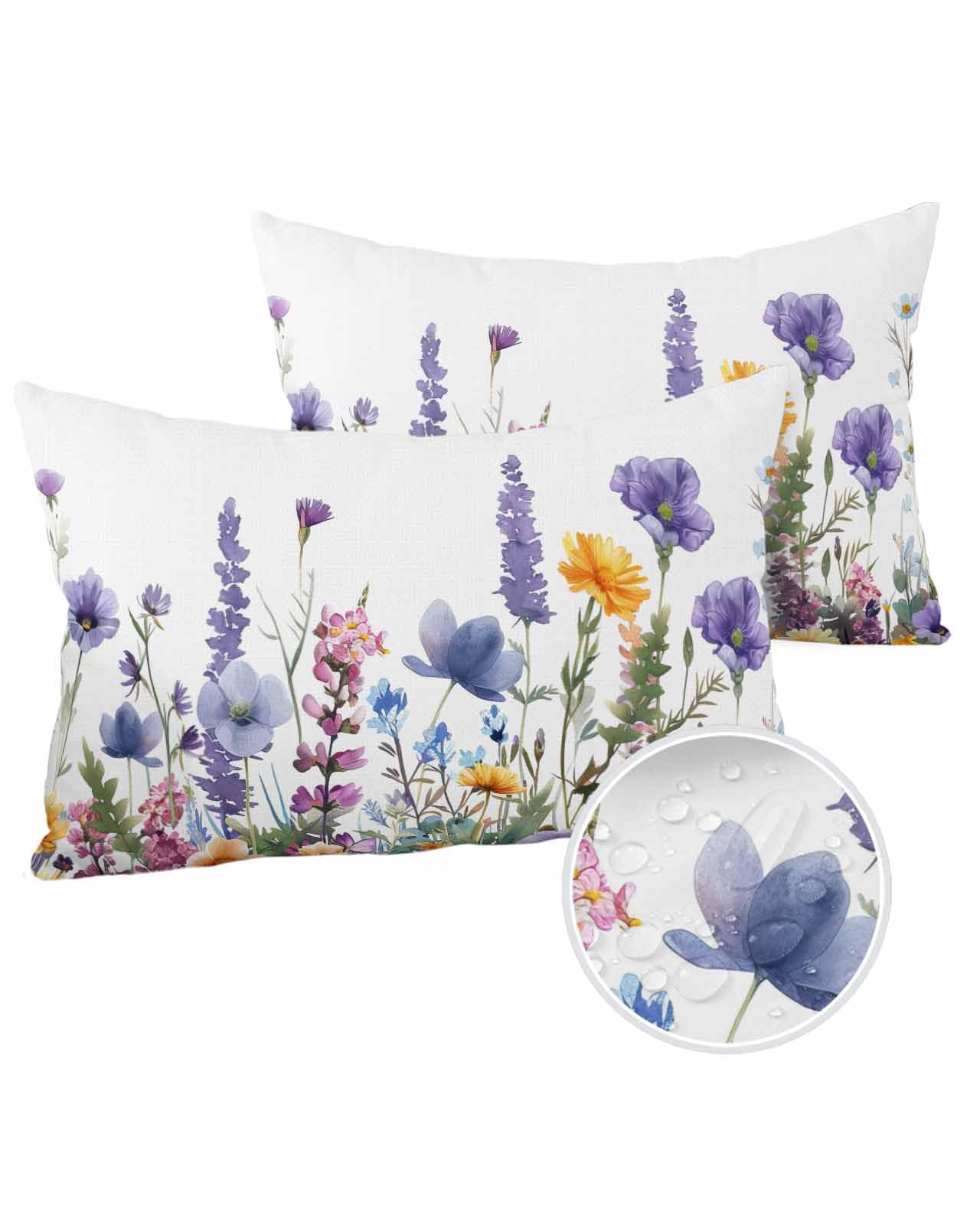 Boanket Lumbar Pillow Covers 12 x 20 in, Spring Floral Waterproof Throw Pillow Cover Set of 2, Purple Flowers Colorful Summer Botanical Home Decorative Rectangle Cushion Covers for Patio/Couch/Garden