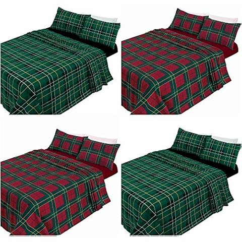 Comfort-Style Luxury Thermal Tartan Check Flannelette Sheets Set includes (Fitted Sheet + Flat Sheet + Two Pillow Cases) - 100% Cotton Warm Brushed Bedding Set (Tartan Green, King) Cover