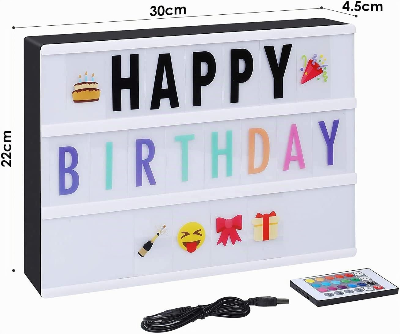 SHYOSUCCE Caja de Luz LED con 16 Cambios de Color, 4 Modos de Flash, 262 Letras y 85 Emojis, Cartel Luminoso A4 para Boda, Aniversario, Cumpleaños, Fiesta, Alimentado pour USB y Batería (Negro)