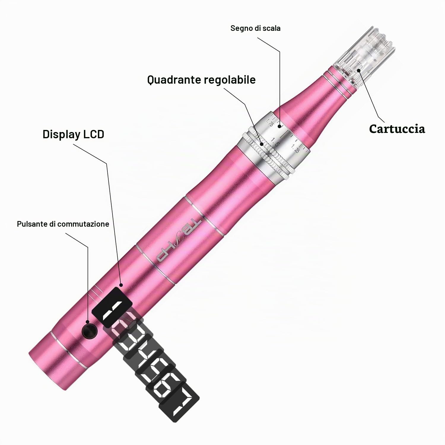 Derma Penna Elettrico a 7 marce wireless con Schermo LCD, 12 pezzi Cartucce (Rosa)