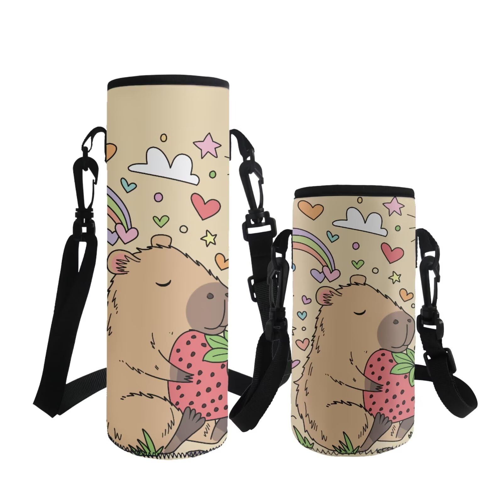 ASQVTIFE 500ml Insulated Water Bottle Sleeve with Shoulder Strap Animal Capybara Neoprene Water Pouches for Hiking Camping Travel Insulated Water Bottle Carrier for Kids Elementary Middle High School — image 1