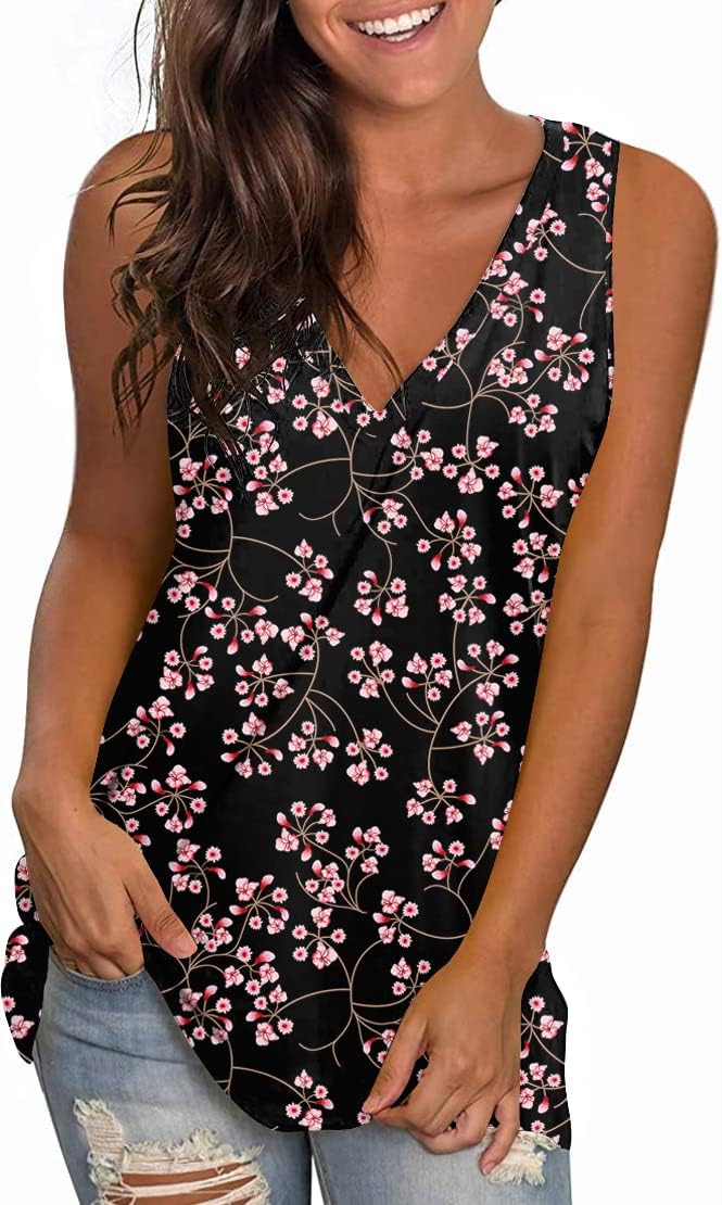 LONGYUANWomens Summer Sleeveless Tank Tops Vneck Loose Fit Tunic Side Split Tshirt Casual Blouse 2024