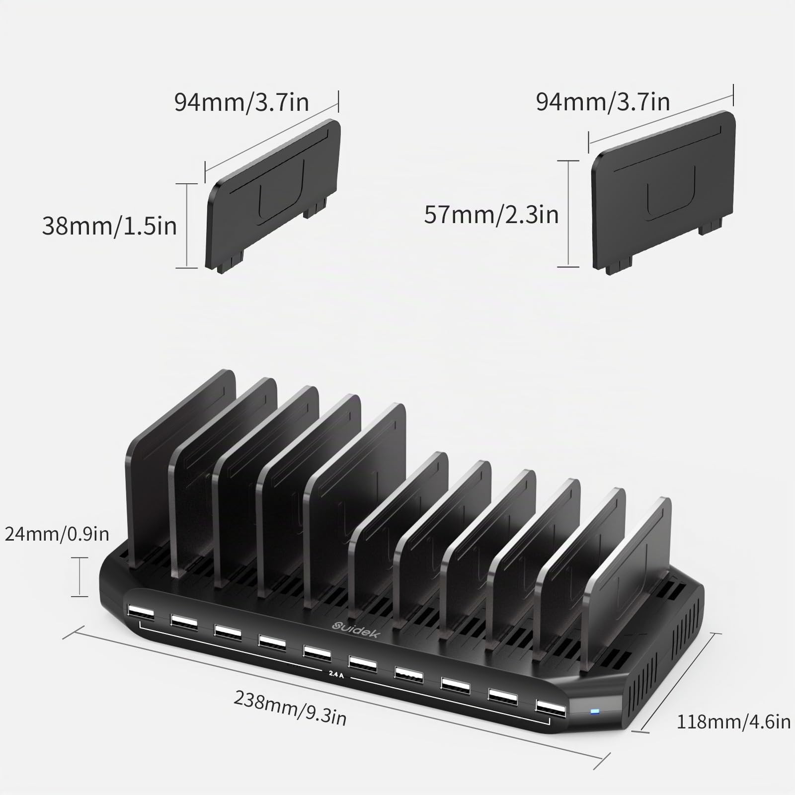 SUIDEK Stazione Di Ricarica Multipla A 10 Porte, Caricatore USB Da 60 W Per Più Dispositivi Con Divisori Regolabili, Compatibile Con Tablet, Smartphone