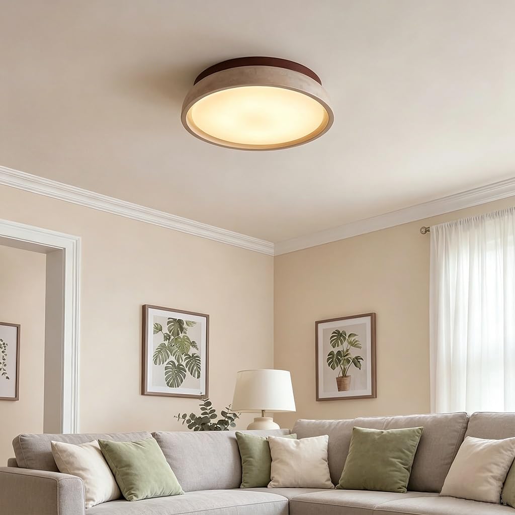 Plafoniera LED Moderna Dimmerabile Travertino Giallo Pietra Naturale Legno Massiccio Illuminazione Interna Stile Vintage Wabi-Sabi Per Camera Da Letto Salotto Sala Da Pranzo(30cm)