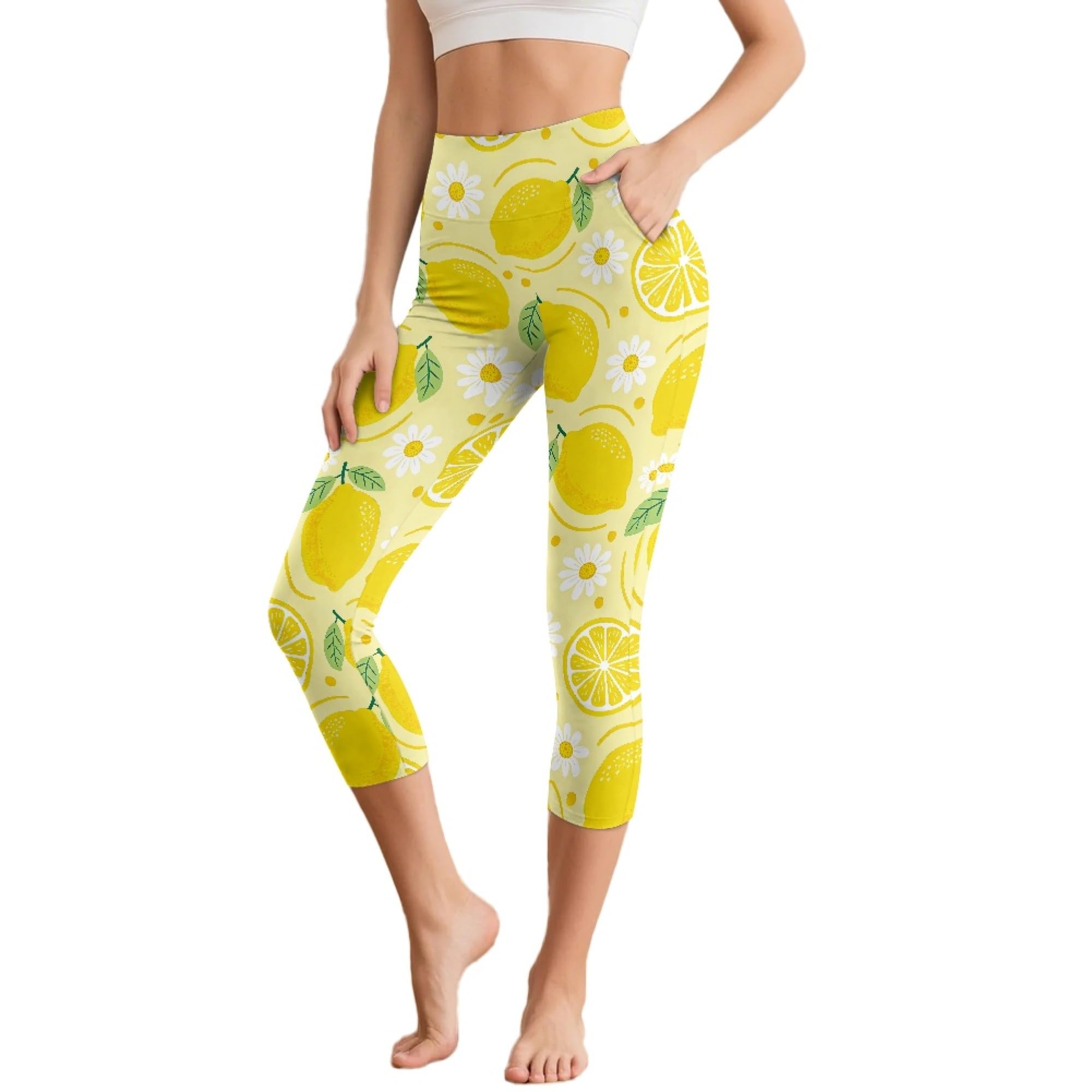 Amzbeauty Legging Capri 3/4 pour femme - Taille haute - Avec poches - Pour yoga, fitness, course à pied, entraînement, gym, Marguerite, XXL Slim Taille courte
