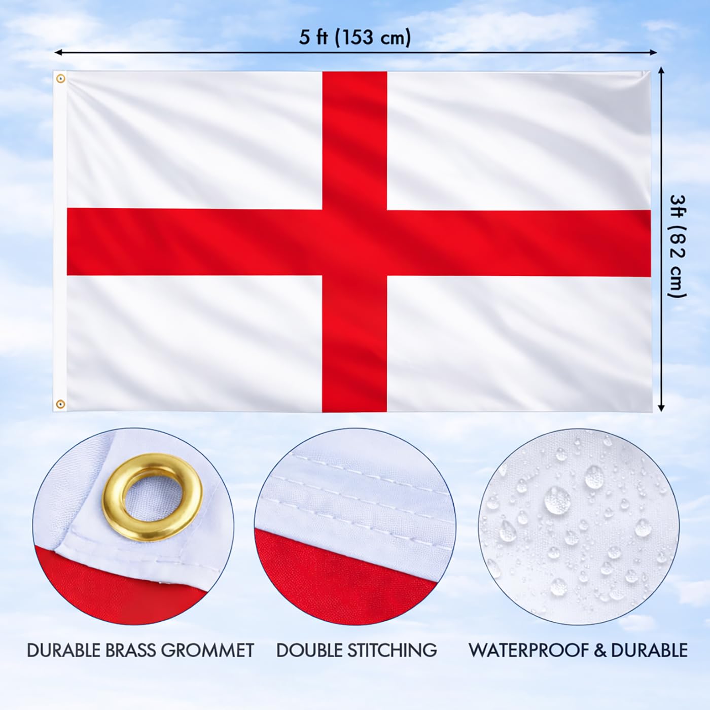Winston Hide England St Georges Cross Flag 5ft x 3ft (153cm x 92cm) England Flag, Durable Polyester St Georges Flag with Double-Stitched Seams, Brass Eyelets, Fade-Resistant Fly Breeze Flag - 3