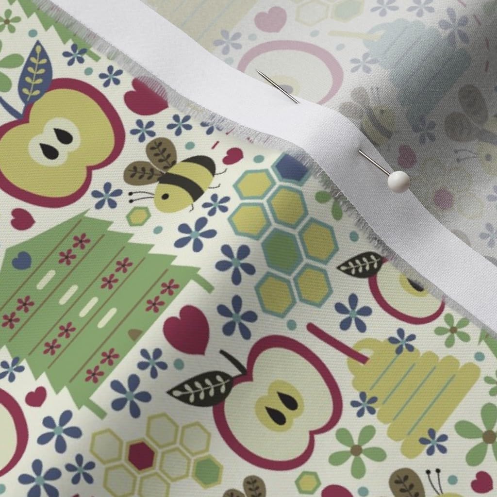 Spoonflower Fabric - Year Apples Honey Beehive Bees Printed on Organic Cotton Sateen Fabric by The Yard - Sewing Quilting Apparel Home Decor