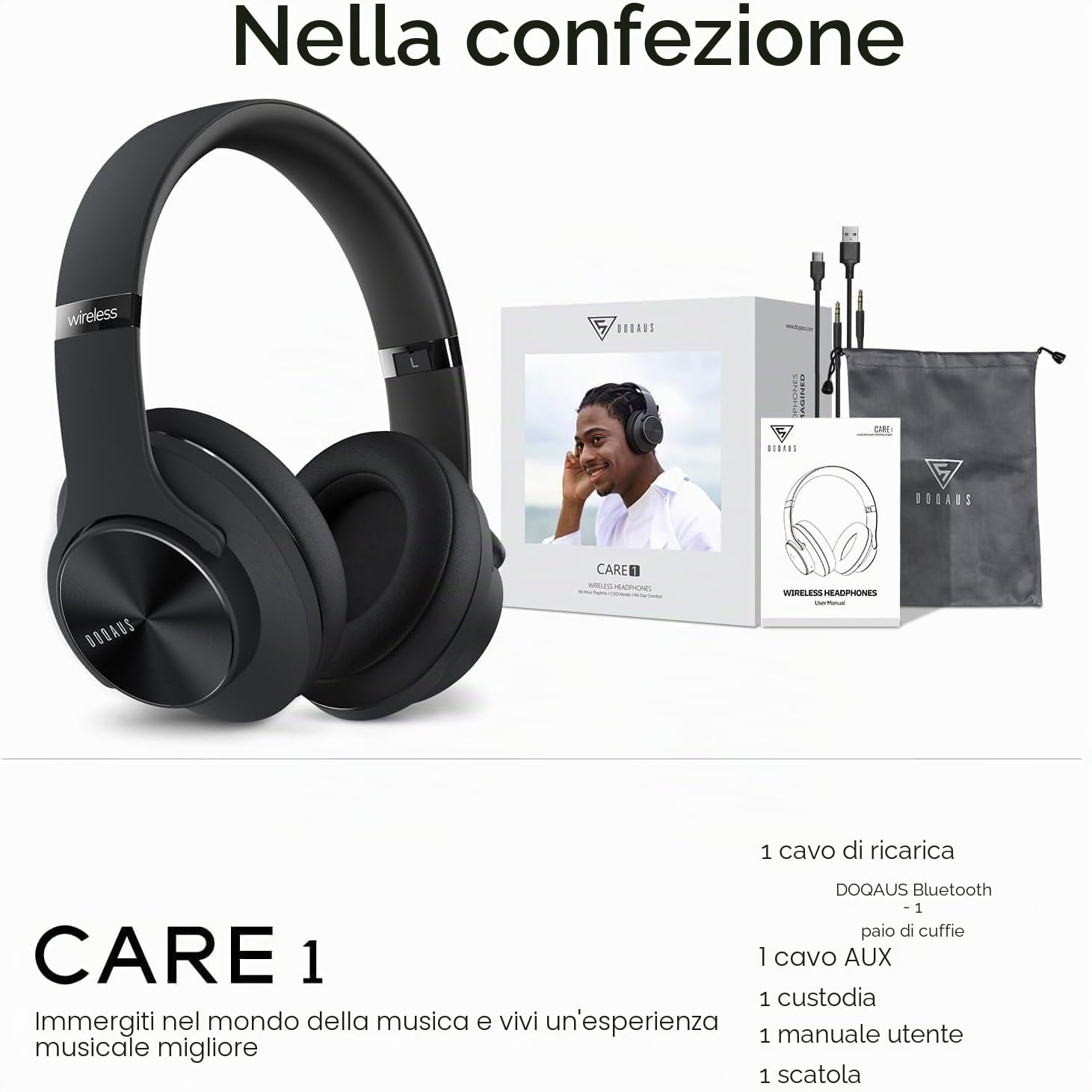DOQAUS Cuffie Bluetooth Over Ear con APP,Nero | 90 ore di autonomia, 9 modalità EQ, Bluetooth 5.4, microfono integrato, pieghevoli per lavoro, viaggio, musica