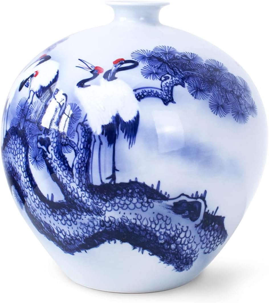 Dahlia Blue and White Vase, Hand Painted Chinese Porcelain Flower Vase, Certified Masterpiece Longevity Cranes, Pomegranate Shape 11 Inches