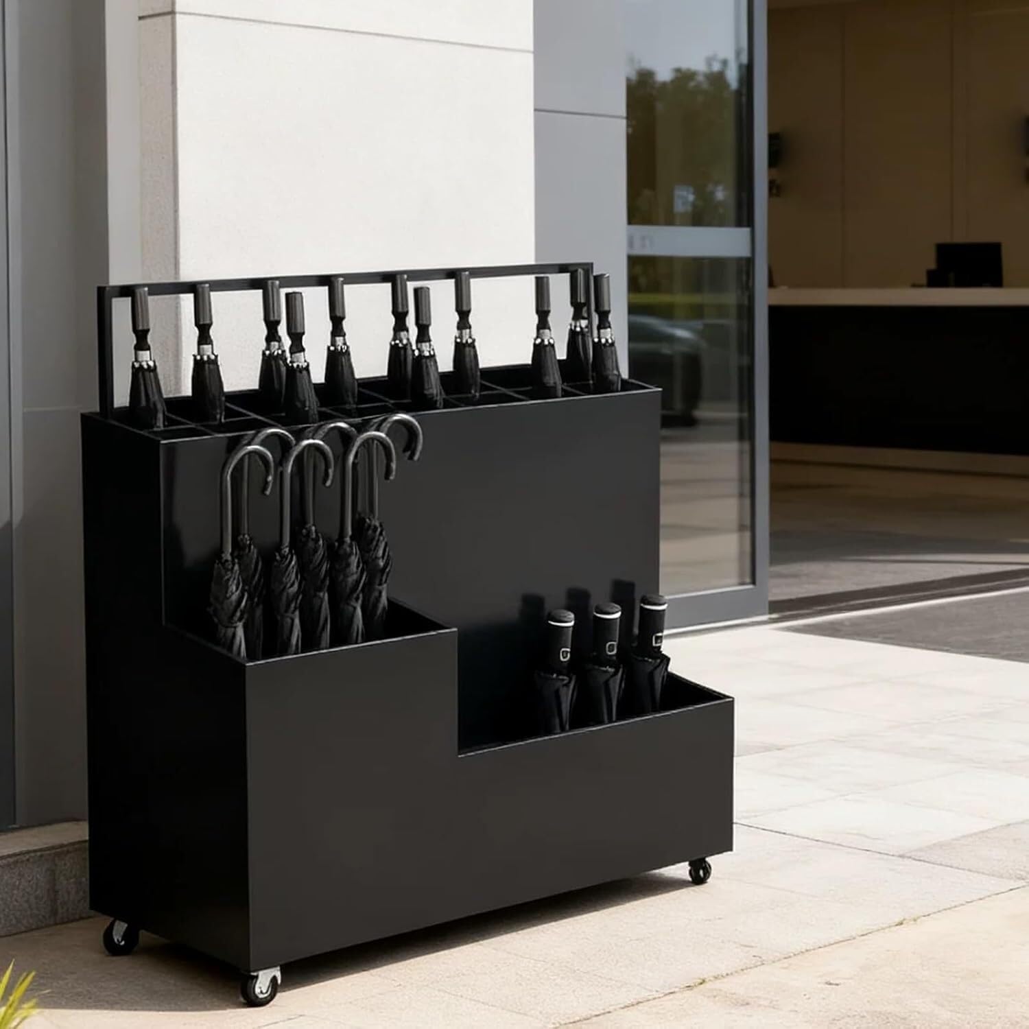 GHHVFEC Large Capacity Metal Umbrella Stand on Wheels, Multi-Compartment Freestanding Umbrella Holder for Entryway, Durable Design for Efficient Storage