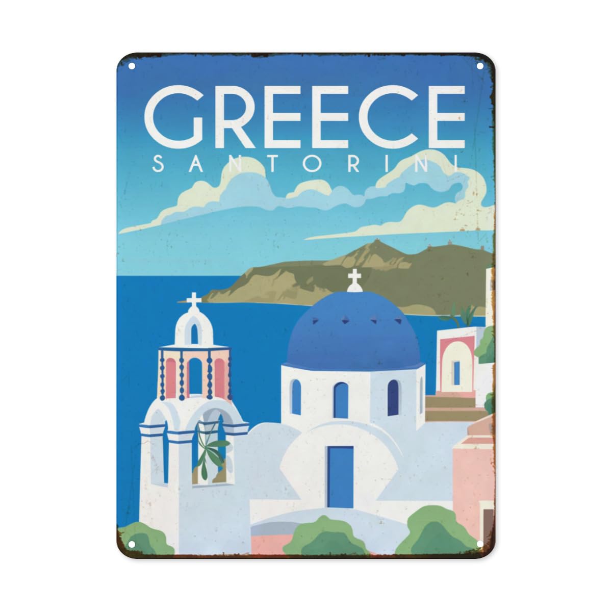 Funny Travel Scenery Tin Sign Santorini Greece Europe Metal Sign Home Retro Wall Decor for Bedroom Bathroom Bar Cafe Rustic Art Signs 12x16 Inch