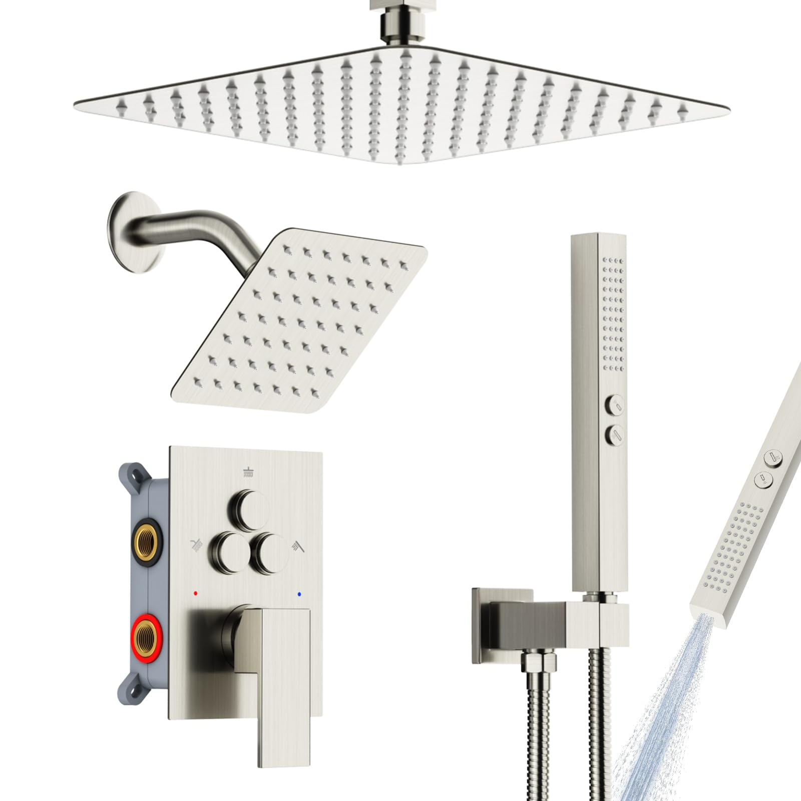 Photo 1 of Shower Faucet Set Shower System - EMBATHER Brushed Nickel Push Button Diverter Dual Shower Faucet Valve Kit with Rain Ceiling Mount 10 Inch Shower Head 6 Inch Wall Mount, 2 in 1 Handheld for Couple