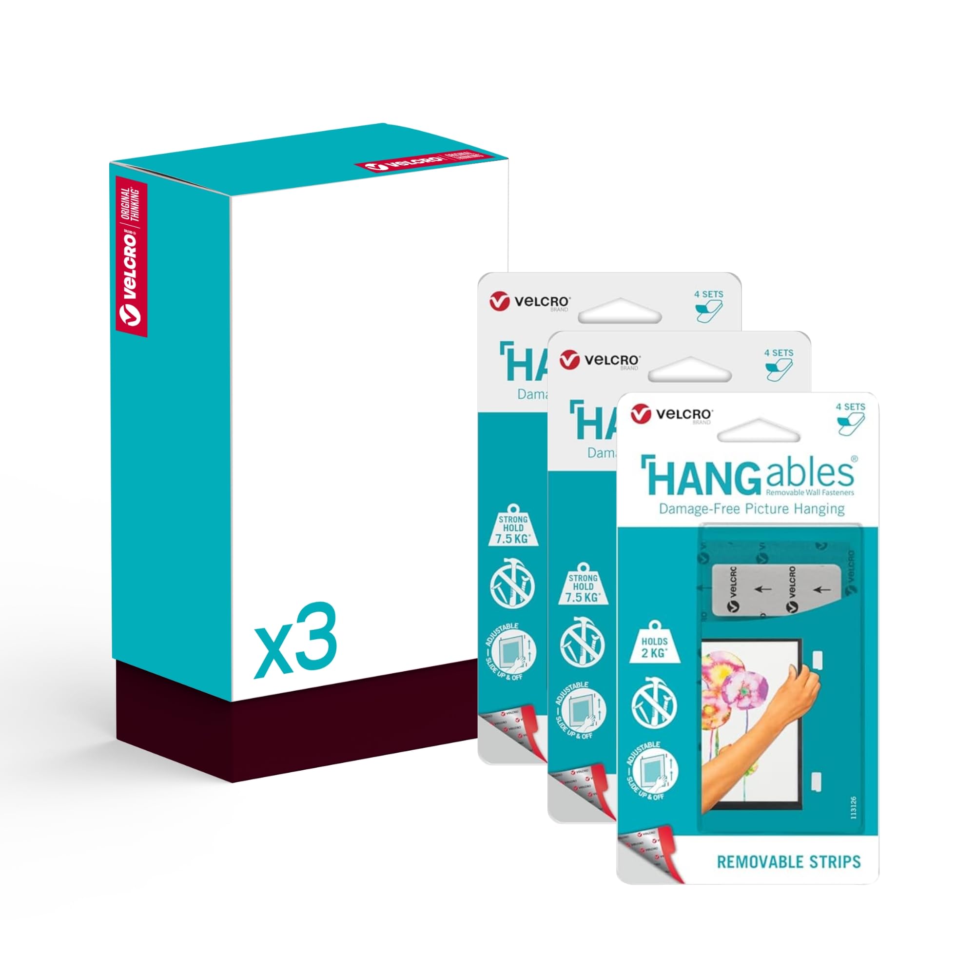 VELCRO Brand - HANGables Picture Hanging Strips 12 Pairs - 8 Large 44mm x 76mm & 4 Medium 19mm x 44mm - Damage Free Picture Hanging for Pictures, Mirrors, Wall Décor - Large holds up to 7.5kg