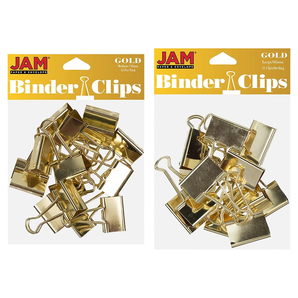 JAM PAPER Colorful Binder Clips Assortment - Medium & Large Size - Gold Binderclips - 27 Clips/Pack