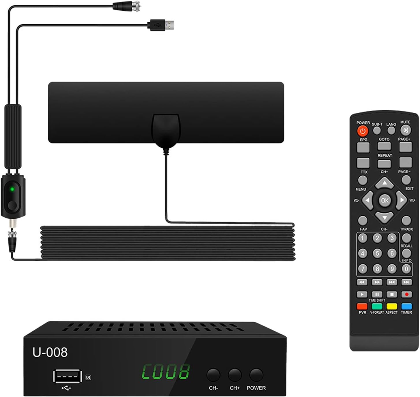 Digital TV Converter Box with Antenna - 1080P ATSC Converter Indoor with PVR Recording&Playback, HDMI Output, Timer Setting, LED HDTV Set Top Box with Amplifier, Coax HDTV Cable for All TV