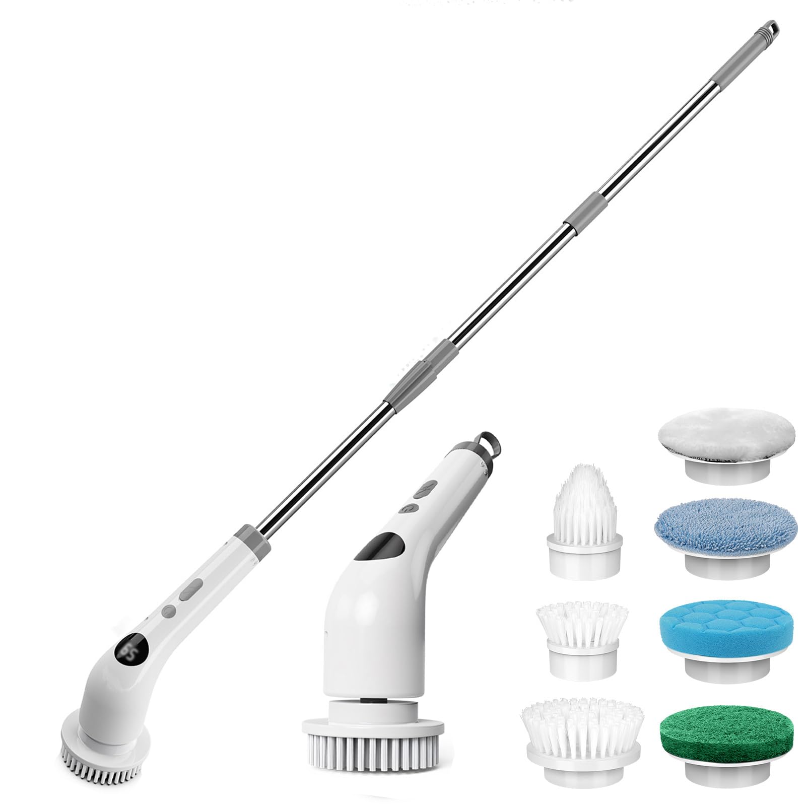 Qimedo Handheld Spin Scrubber with Smart Display, Rechargeable Electric Scrubber for Cleaning, Cordless Power Dish Scrubber with 6 Brushes for Bathtub Grout Tile Floor