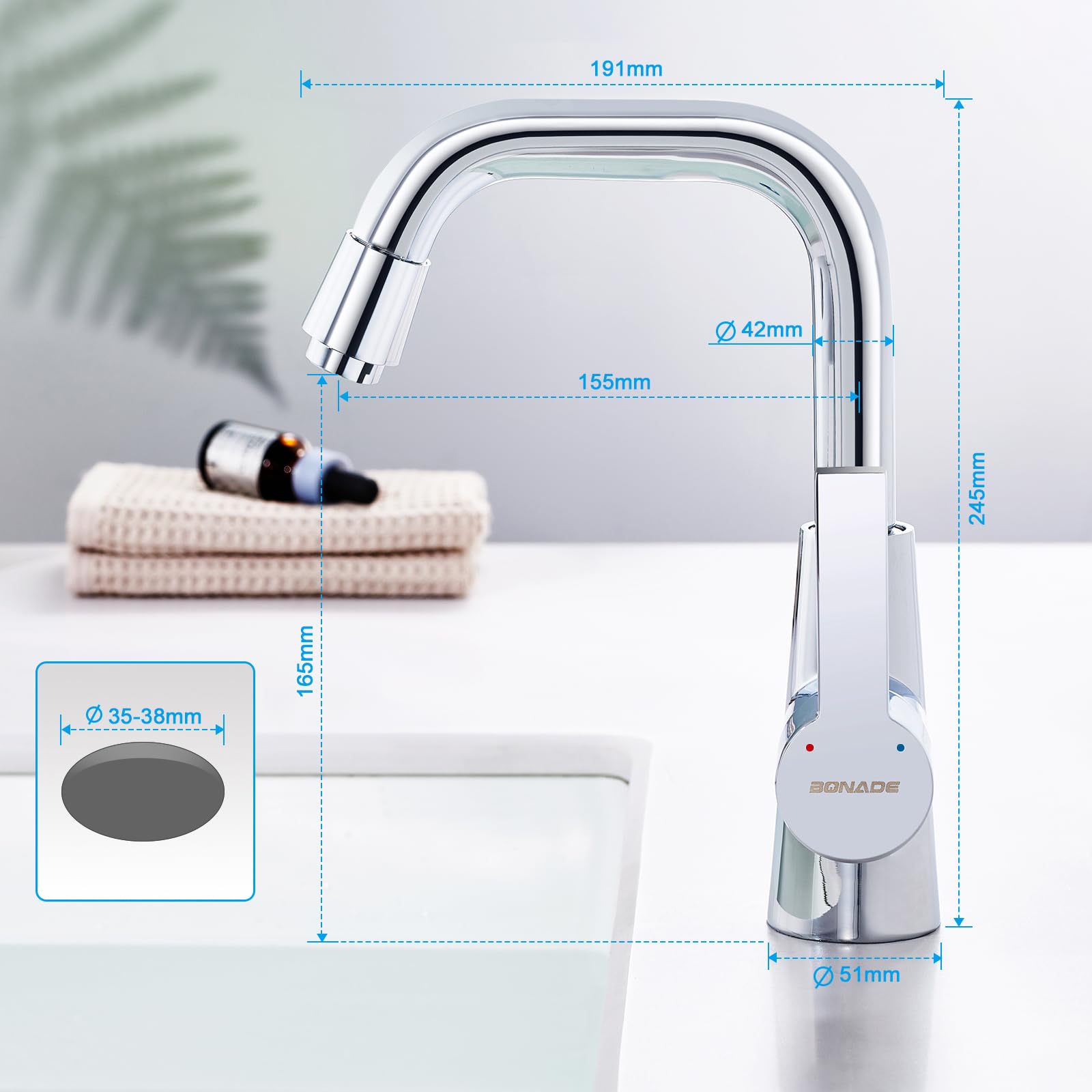 BONADE Robinet Salle Bain, Mitigeur Lavabo Rotatif à 360°, Robinet Lavabo en Laiton Chromé, Robinet Salle de Bain à Eau Chaude et Froide Robinet Lavabo Salle de Bain Pour Salle de Bain et Cuisine