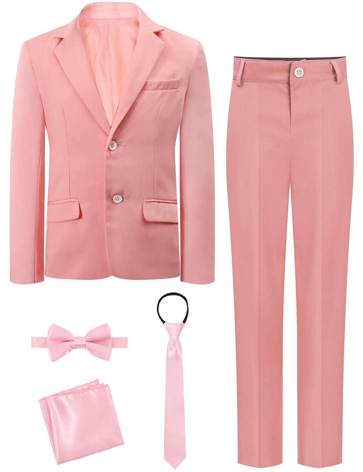 A&J DESIGN Boys 5-Piece Formal Suit Set with Jacket, Dress Pants, Tie, Bowtie and Pocket Square
