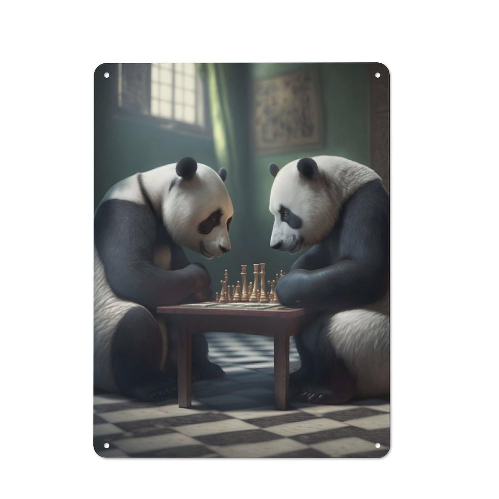 Junmoney Pandas Playing Chess Retro-Style Tin Wall Plaque 40X30cm For Café Or Home Bar, New Home Wall Decor For Home Bar Enthusiasts