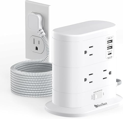 Regleta de alimentación de torre de 15 pies con protección contra sobretensiones, regleta de alimentación de escritorio de 1625 W con 7 tomas, 3