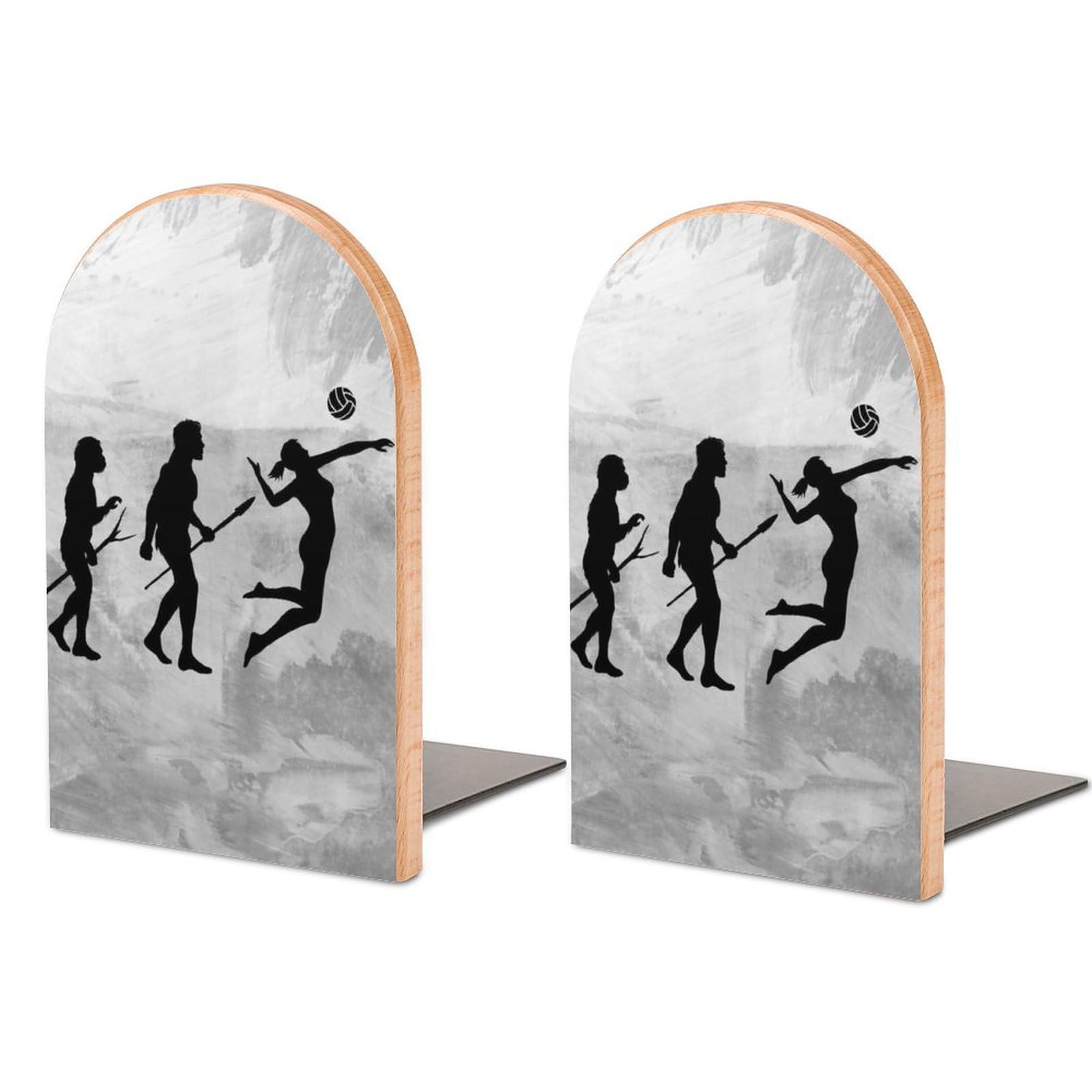 2 PCS Wood Bookends Set, Volleyball Player Evolution Unique Decorative Bookend Non-Skid Office Book Stand for Office School Library Bookshelf Home Decoration