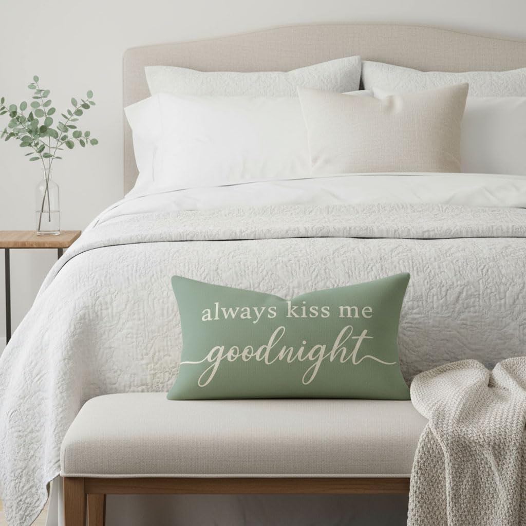 Throw Pillow Cover 12x20 Inch, Always Kiss Me Goodnight, Sage Green image 5