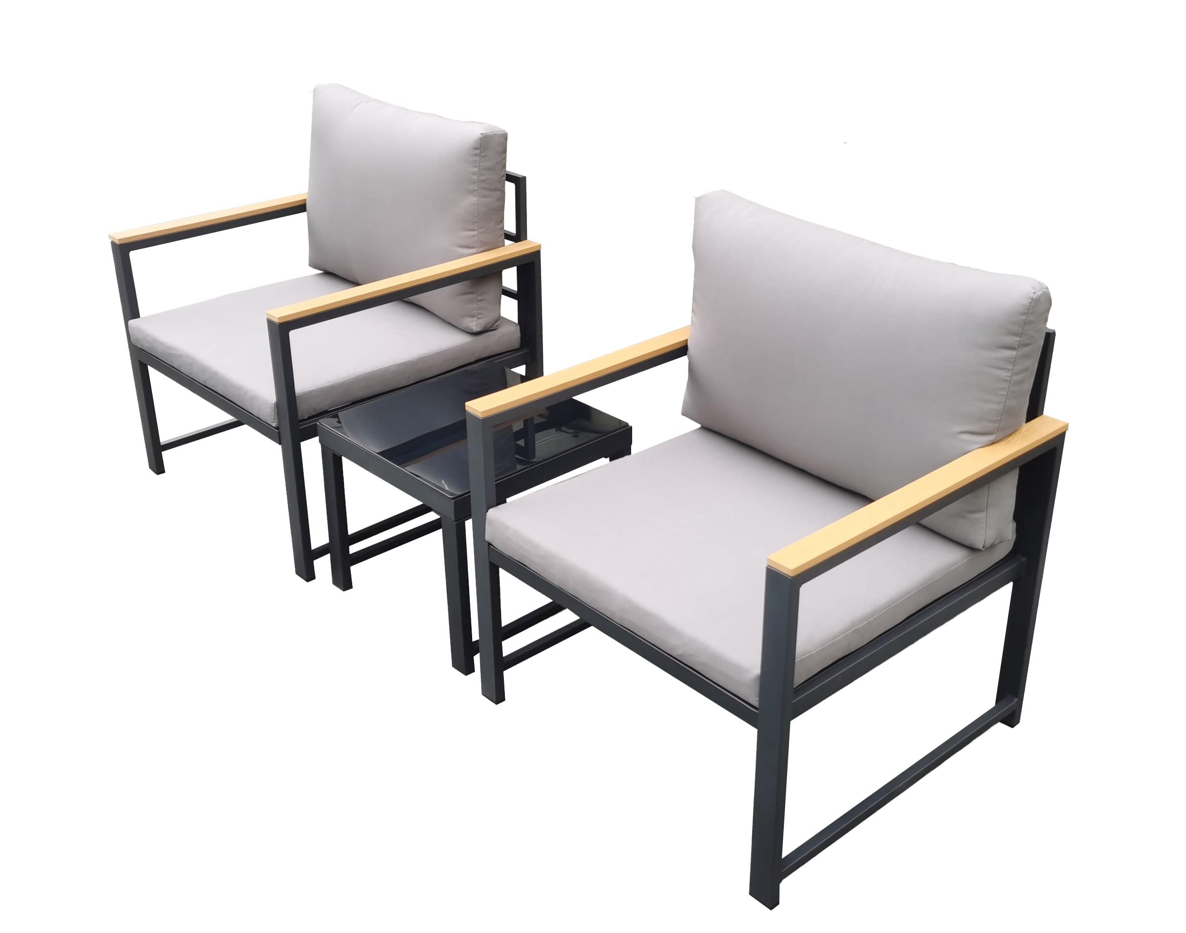 Set salotto da giardino esterno ZANTE, composto da 2 poltrone e un tavolino con piano in vetro, struttura in acciaio colore antracite, cuscini imbottiti inclusi colore grigio