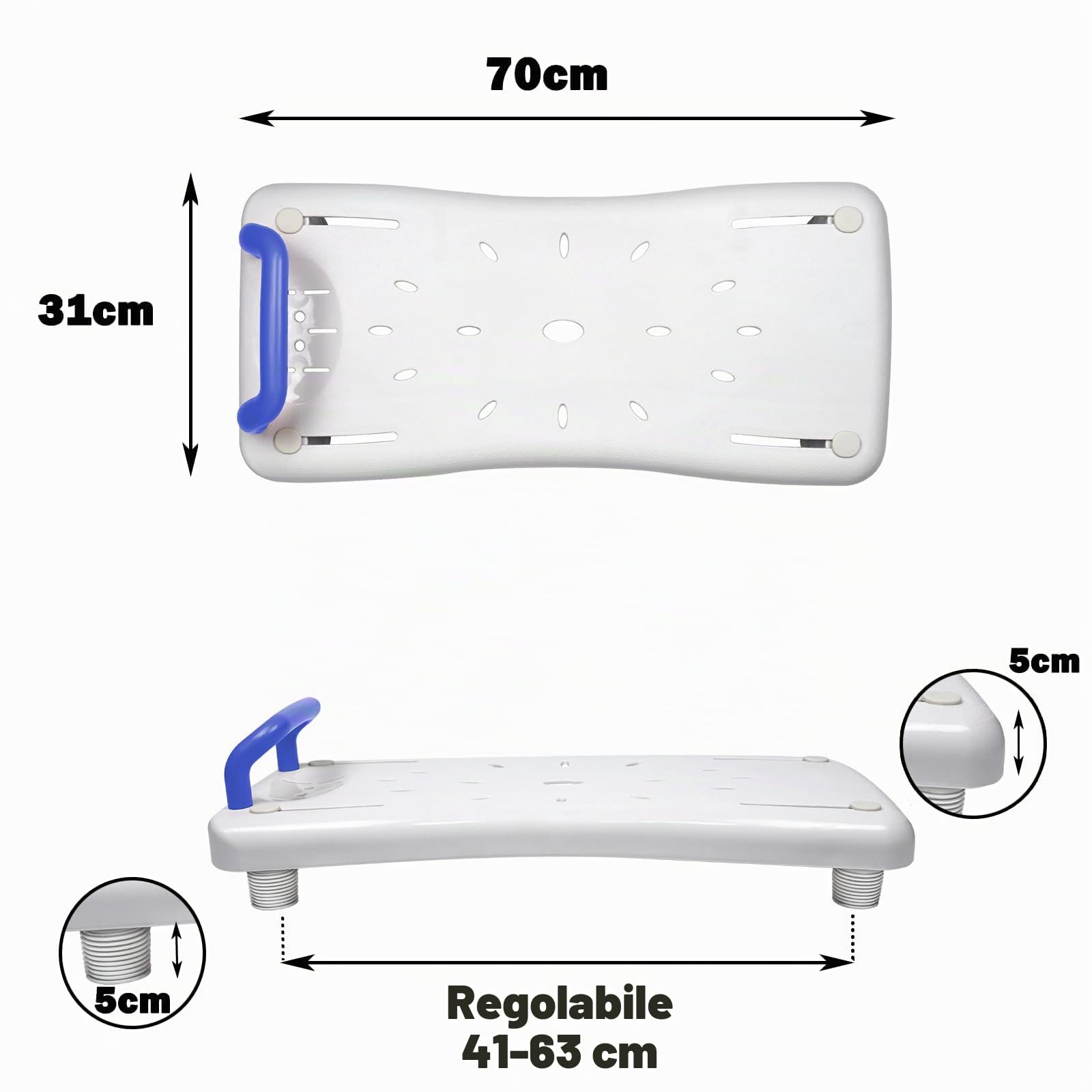 YUENFONG Asse per vasca da bagno, 70 x 31 cm, seduta per vasca da bagno, con manico, in plastica, portata fino a 150 kg, per vasca da bagno, manico blu