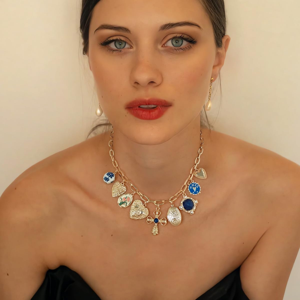 Chunky Gold Cross Necklace for Women, 9-Pendant Fashion Statement Jewelry Cross with Blue Gemstone & Hearts Fantasy Necklace Jewelry Gifts - Image 3