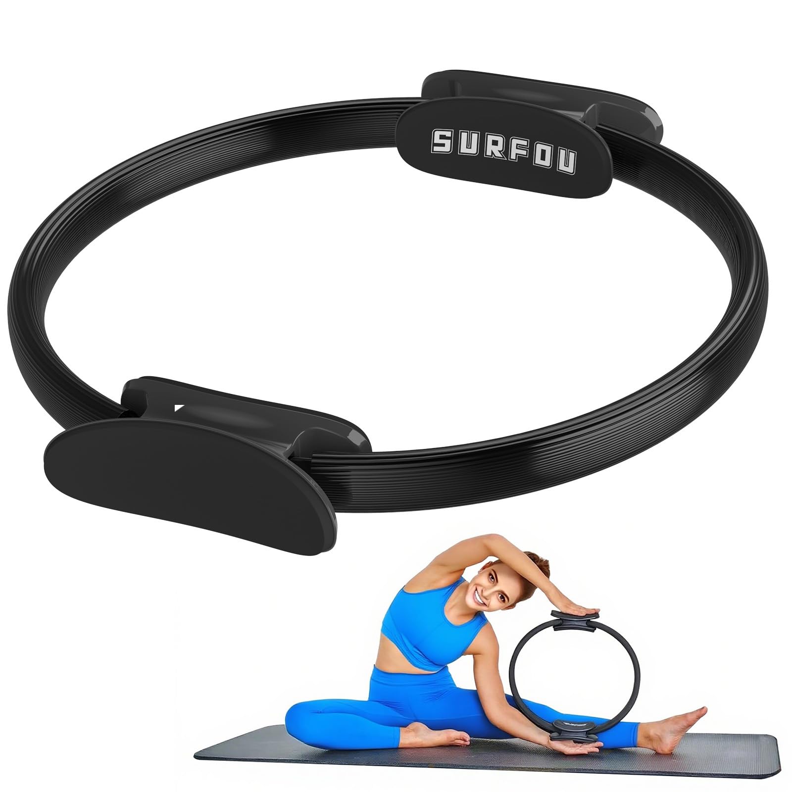 SURFOU Pilates Ring 37cm with Dual Padded Handles, Exercise Fitness Circle for Thighs, Abs, and Legs, Improves Strength, Flexibility & Stability, Ideal for Yoga & Core Training