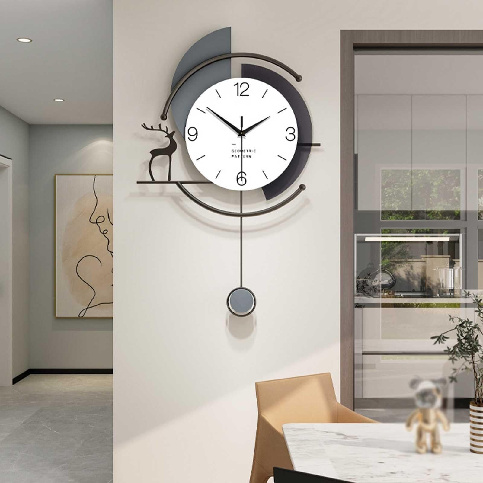 Nowoczesny zegar ścienny, minimalistyczny zegar biurkowy, projekt gigantycznego dekoracyjnego cichego zegara wahadłowego z metalową ramą + drewniana tarcza w stylu art deco do salo