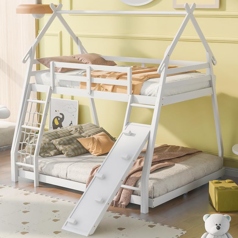 Twin Over Queen House Bunk Bed with Climbing Nets and Climbing Ramp, Stylish Solid Wood House Bunk Bed Frame with Roof, Fence and Slide, No Box Spring Needed, White