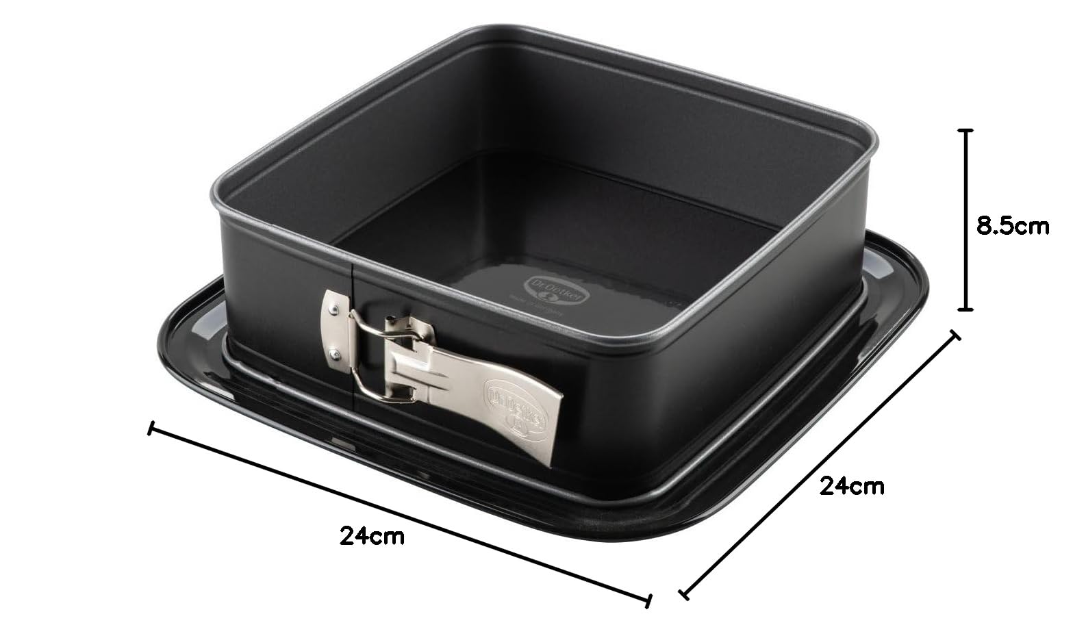 Dr. Oetker Teglia quadrata con fondo smaltato, perfetta per torte e torte, 24 x 24 x 8,5 cm, antiaderente, resistente al calore, nero/argento