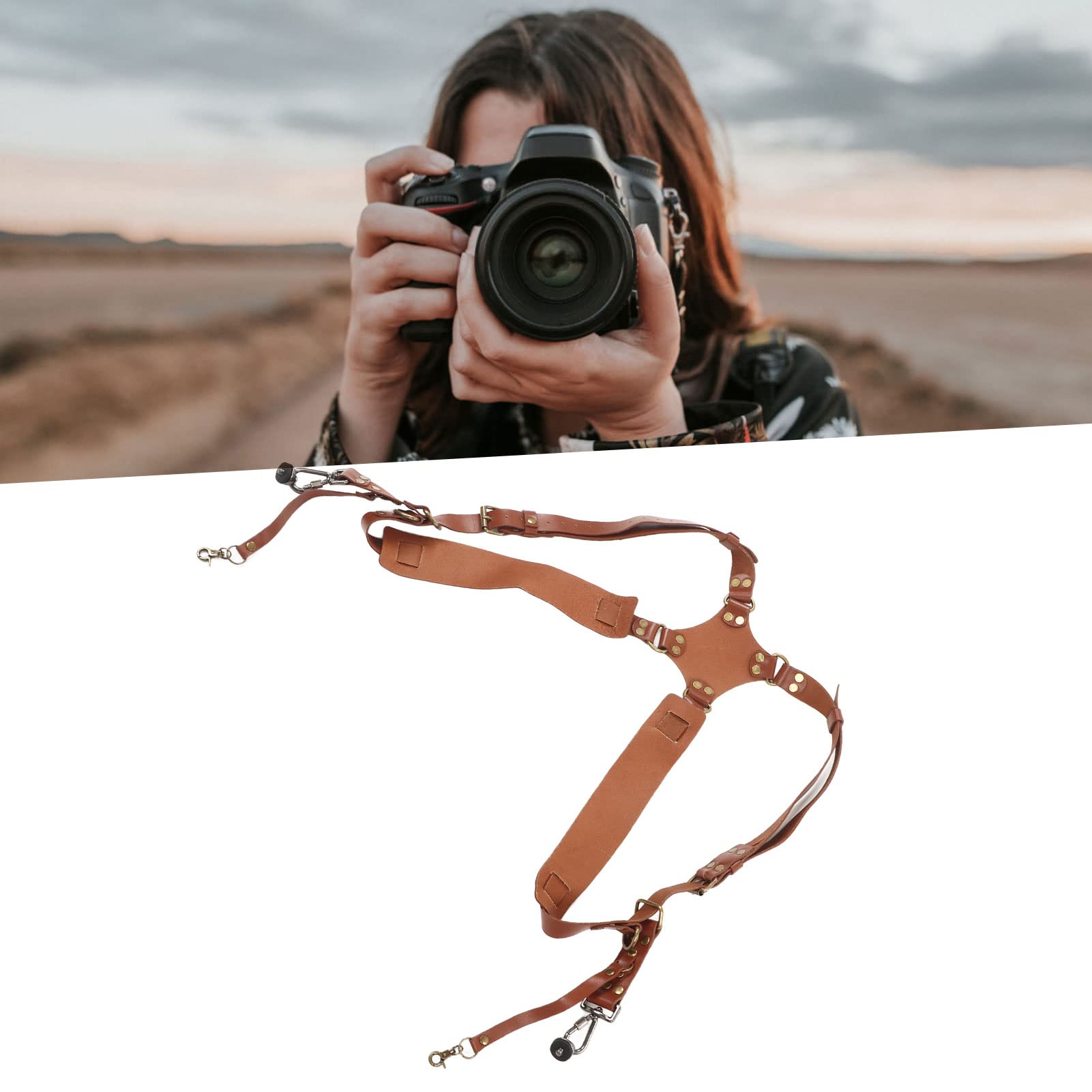 Tracolla per fotocamera doppia in pelle, cinghia per imbracatura per doppia fotocamera per due fotocamere. Imbracatura per doppia fotocamera in pelle regolabile per appendere