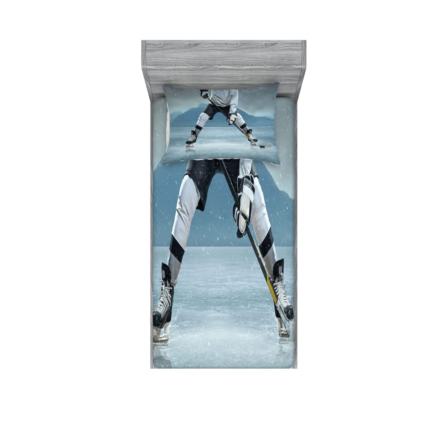 Ambesonne Sports Fitted Sheet & Pillow Sham Set, Ice Hockey Player with Stick and Puck Mountain Background Canadian, Decorative Printed 4 Piece Bedding Decor Set, Twin, Grey Denim