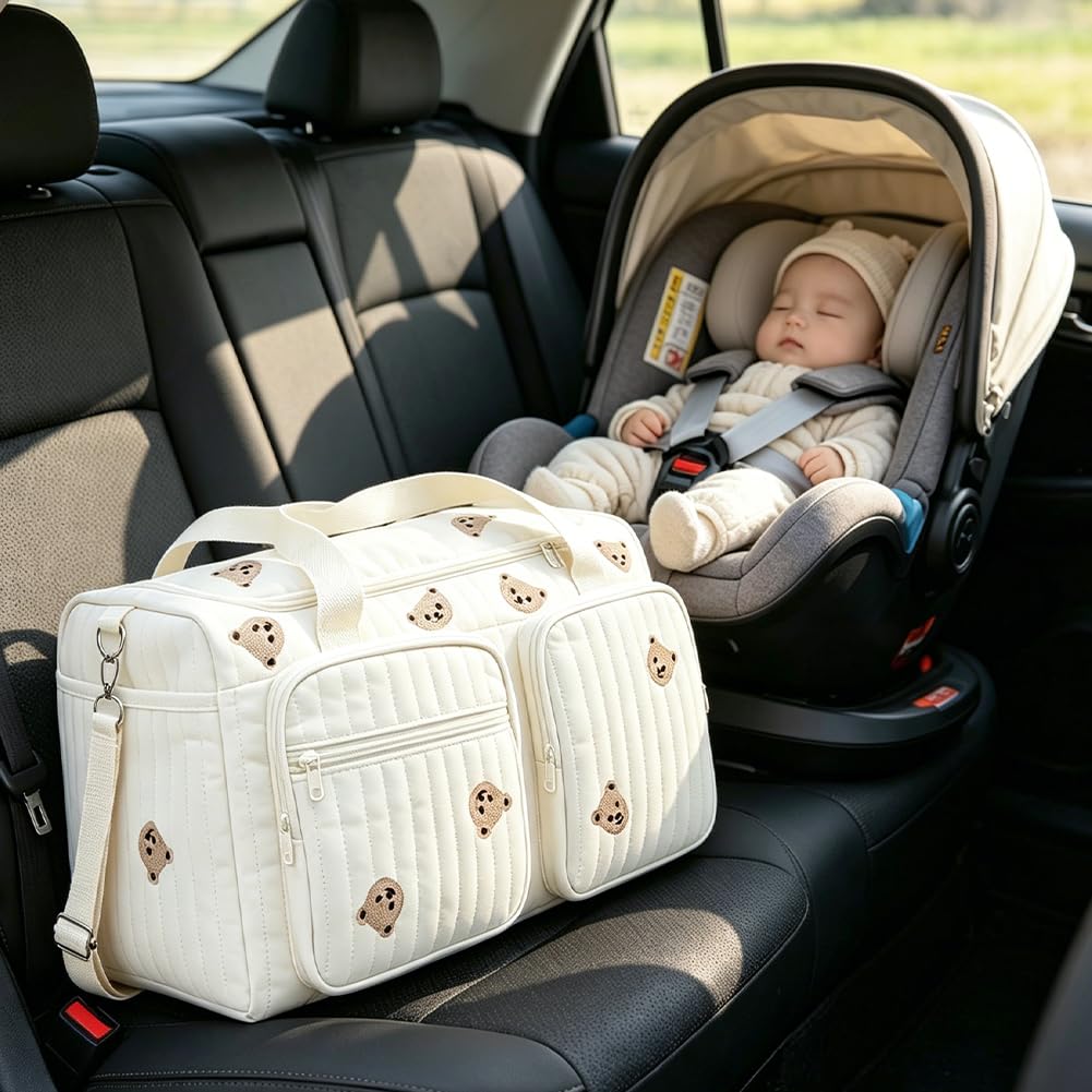 Borsa fasciatoio versatile per mamme, bambino e maternità, borsa fasciatoio, passeggino per mamme, cerniera con ricamo, orso, stampato, per nascita in ospedale, viaggi, passeggino