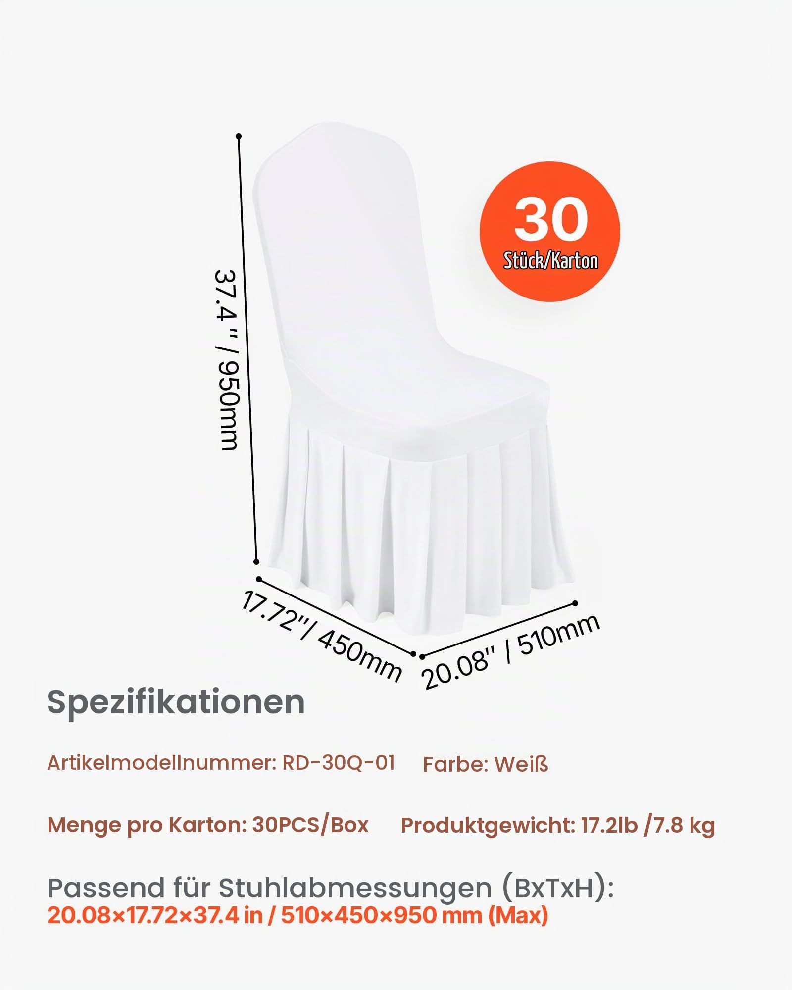 VEVOR Stuhlhussen Stuhlbezug mit Flacher Vorderseite 30 STK. waschbarer Stuhlüberzug aus Polyester-Spandex für Hochzeitsfeiern Esszimmerbankette, passend für Stühle (51 x 45 x 95 cm) Weiß