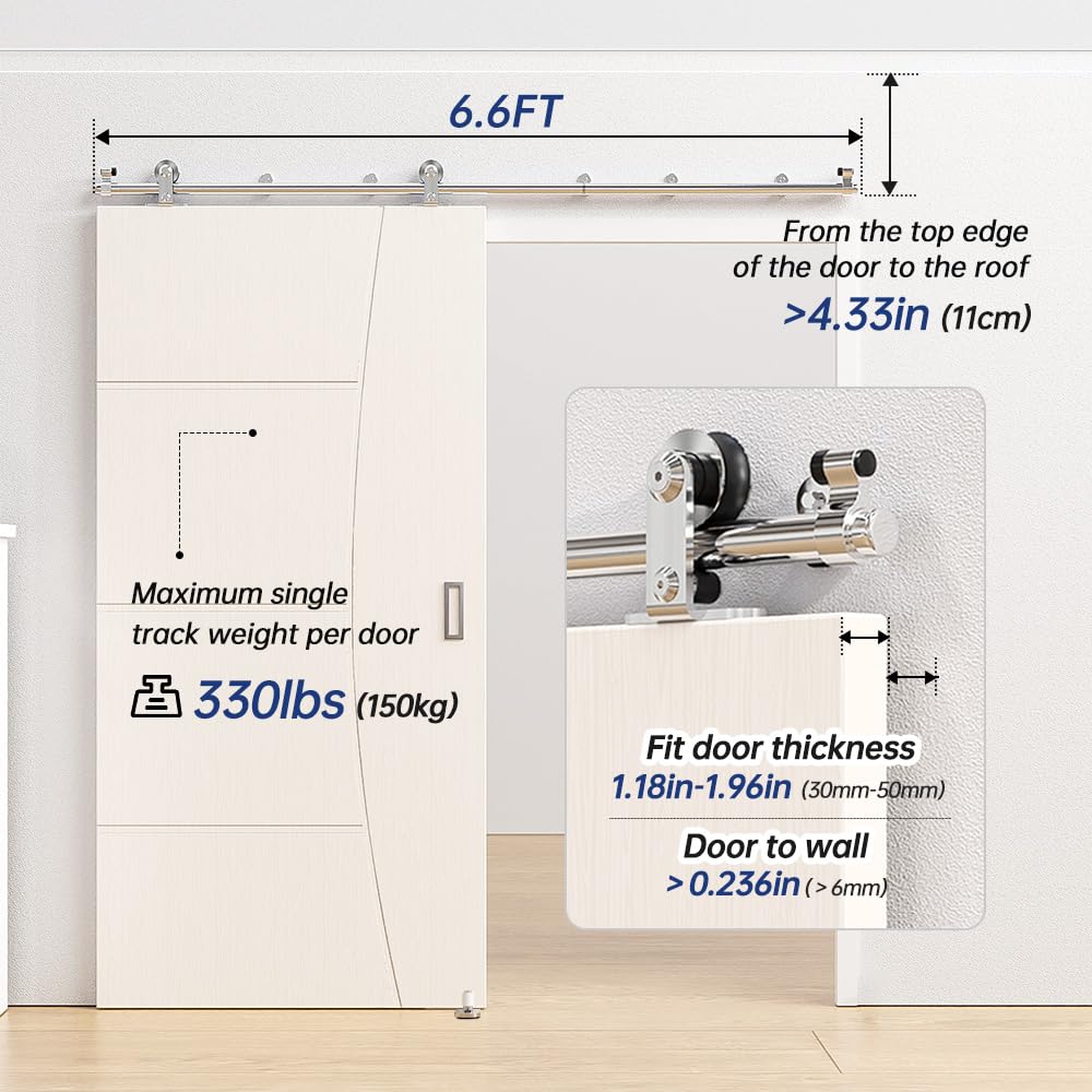 ETIASQSA 200CM/6.6FT Rail Sliding Barn Door Hardware Kit Stainless Steel Track Roller Accessory for Single Door(T) - Image 2