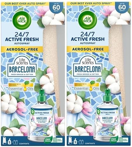 Image of 2 x Air Wick Active Fresh 24/7 Automatic Spray Diffuser Unit + Barcelona (Fresh Breeze & Cotton) Refill 204ml